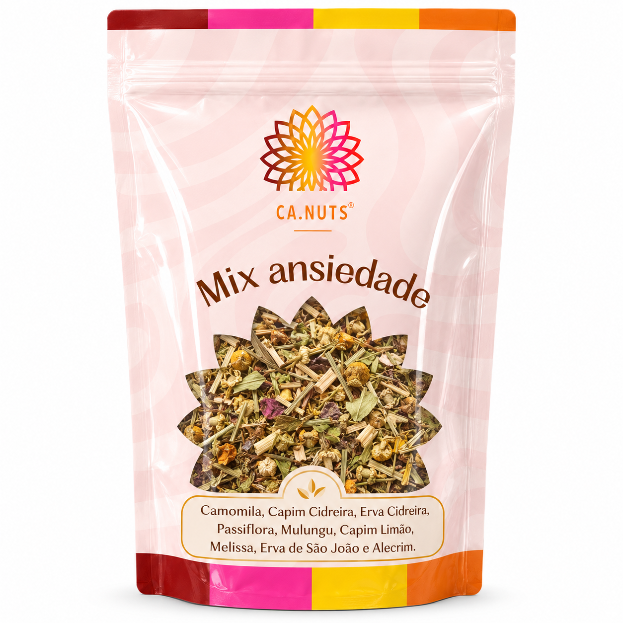 Mix Ansiedade Premium Ca.Nuts | Folhas - Camomila, Capim cidreira, Erva Cidreira, Passiflora, Mulungu, Capim limão, Melissa, Erva de São João e Alecim.