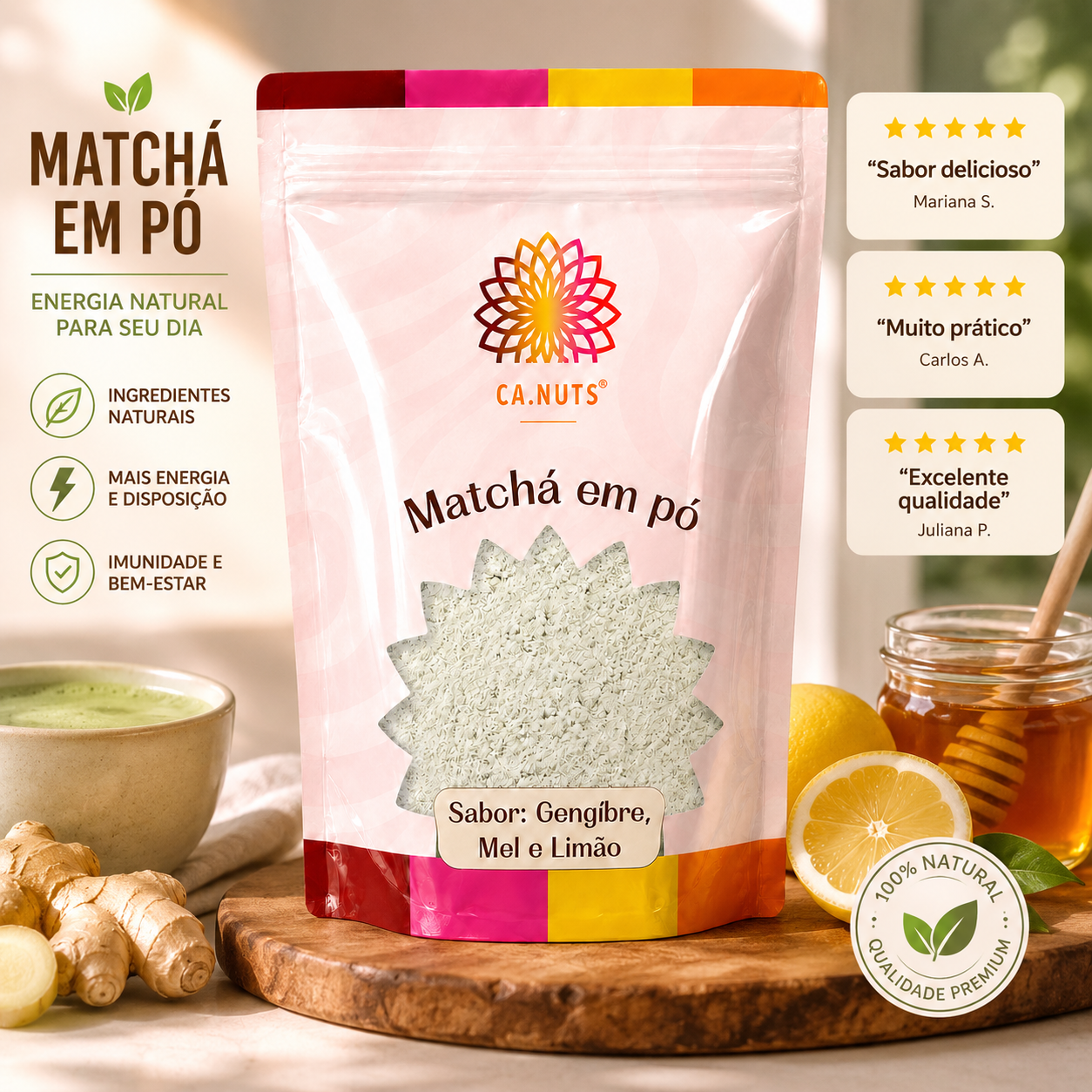 Matcha em pó solúvel (Gengibre, Mel e Limão) Premium Ca.Nuts