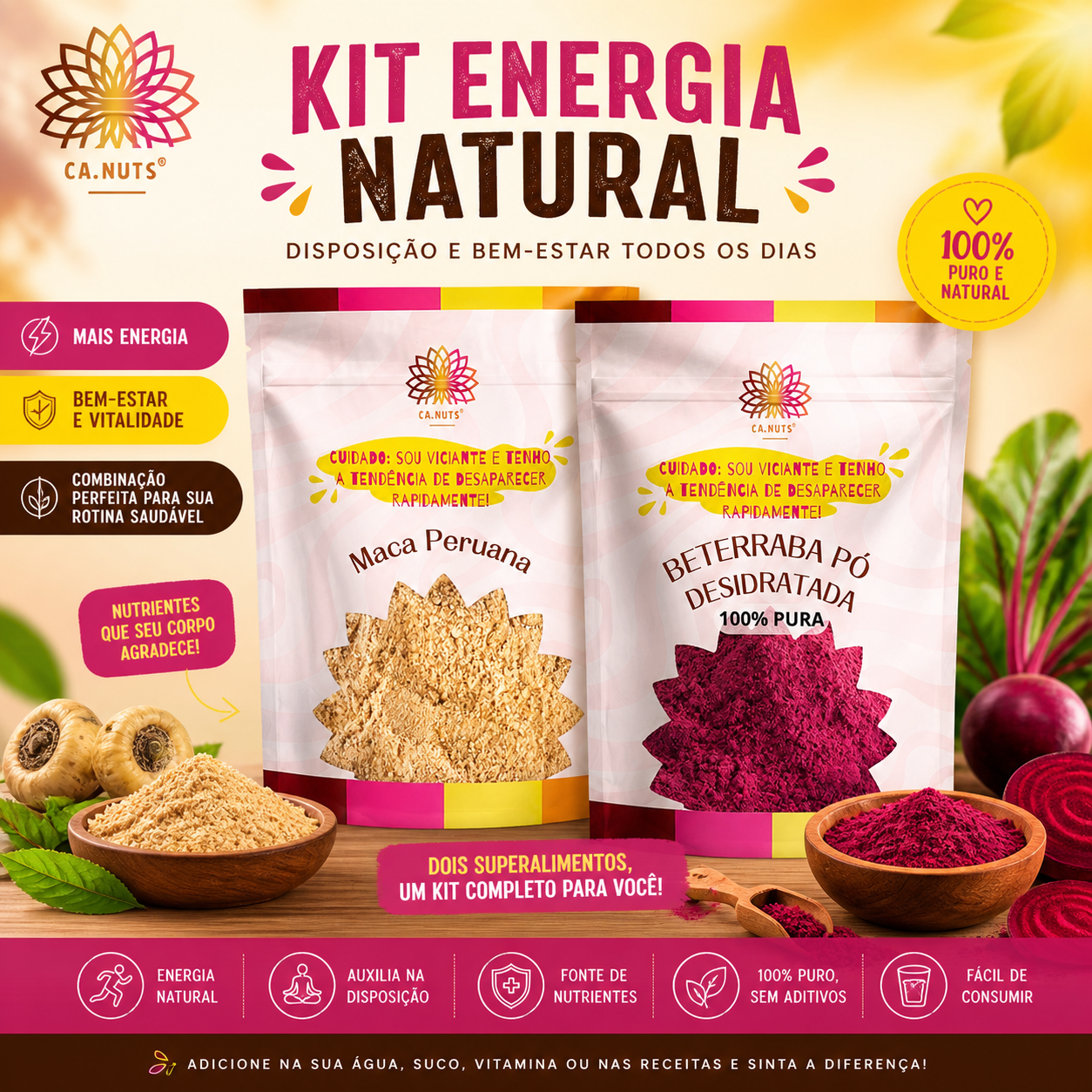 Kit Farinha de Beterraba 500g e Maca Peruana em Pó 500g (Energia Natural)