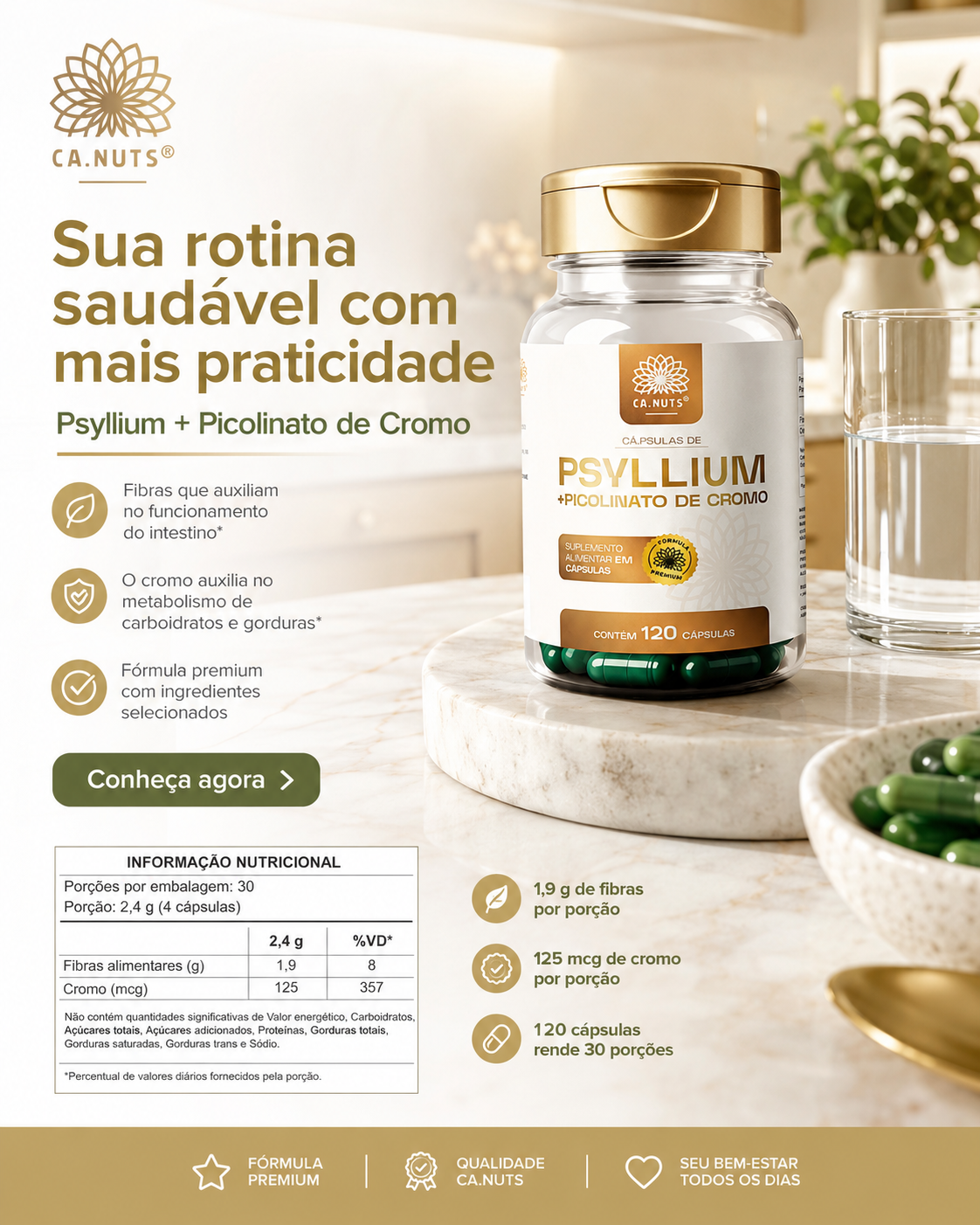 Psyllium em cápsulas mais Piccolinato de Cromo 1200mg Ca.nuts