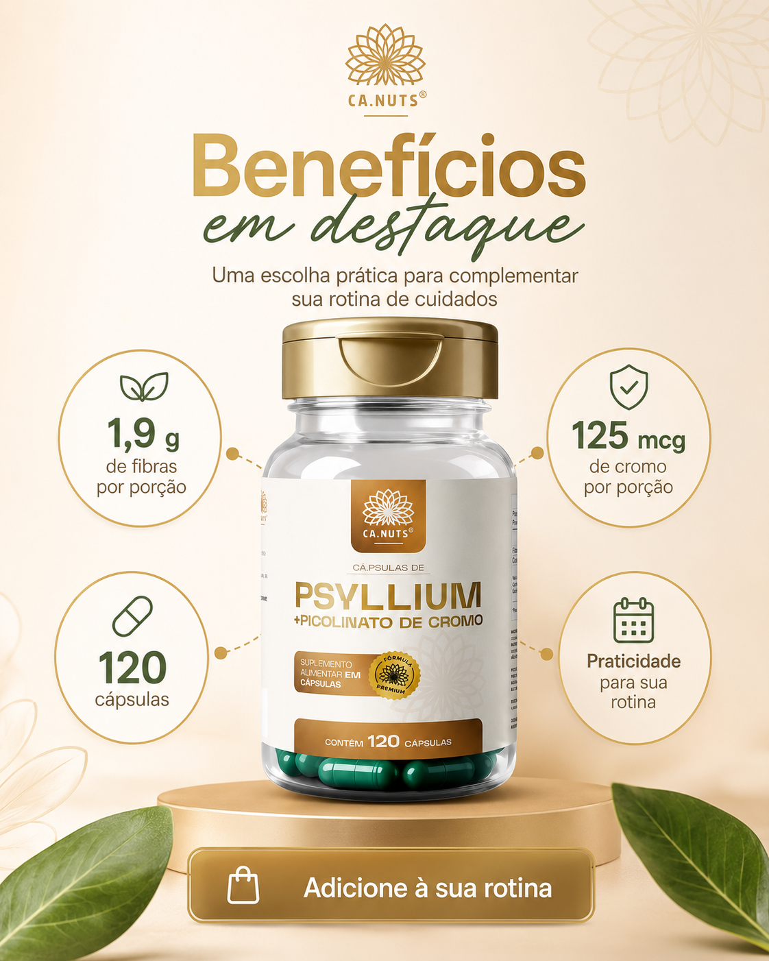 Psyllium em cápsulas mais Piccolinato de Cromo 1200mg Ca.nuts