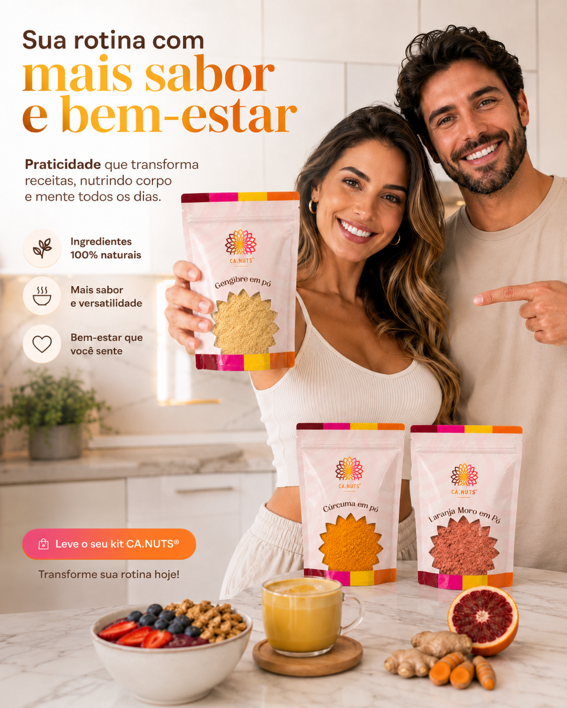 Shot Matinal em Pó – Cúrcuma, Gengibre e Laranja Moro em pó | Aumenta Imunidade, Detox Diário e Termogênico Natural | Kit Ca.nuts