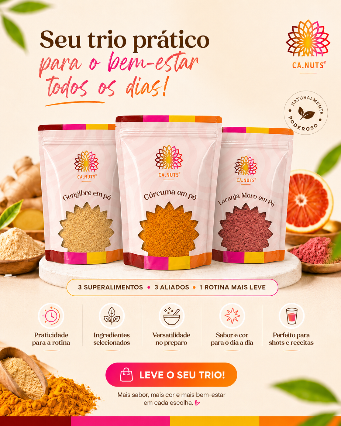 Shot Matinal em Pó – Cúrcuma, Gengibre e Laranja Moro em pó | Aumenta Imunidade, Detox Diário e Termogênico Natural | Kit Ca.nuts