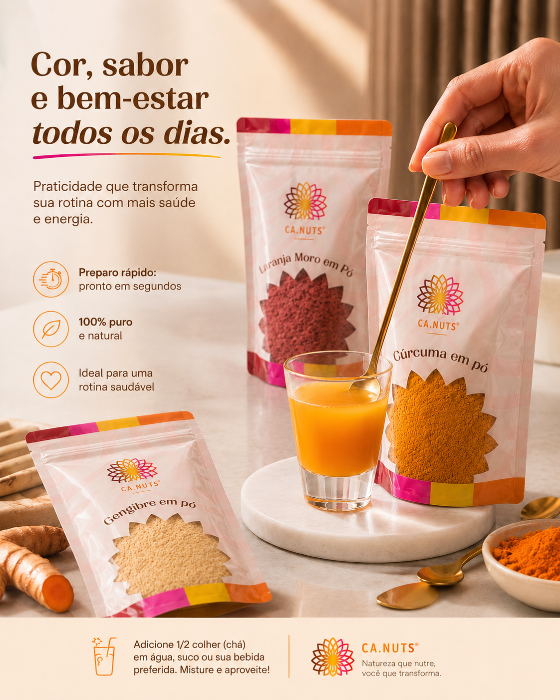 Shot Matinal em Pó – Cúrcuma, Gengibre e Laranja Moro em pó | Aumenta Imunidade, Detox Diário e Termogênico Natural | Kit Ca.nuts