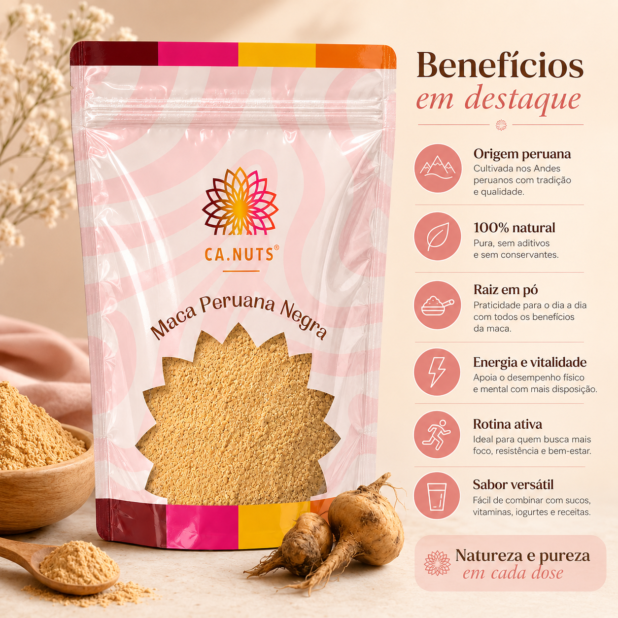 Maca Peruana Negra em Pó pura importada Alta Concentração Ca.Nuts
