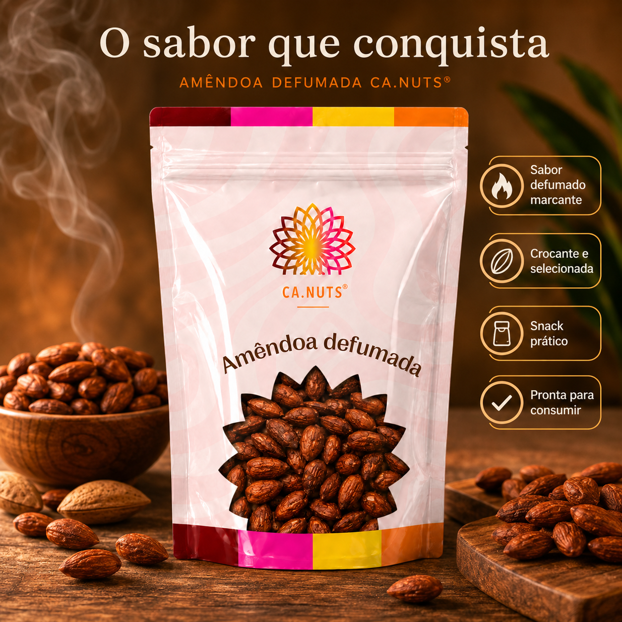 Amêndoa defumada sem casca crocante e salgada - Ca.Nuts