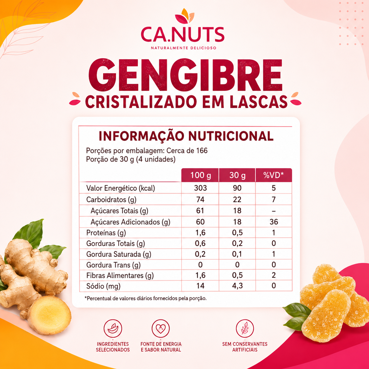 Gengibre Cristalizado em Lascas Ca.nuts