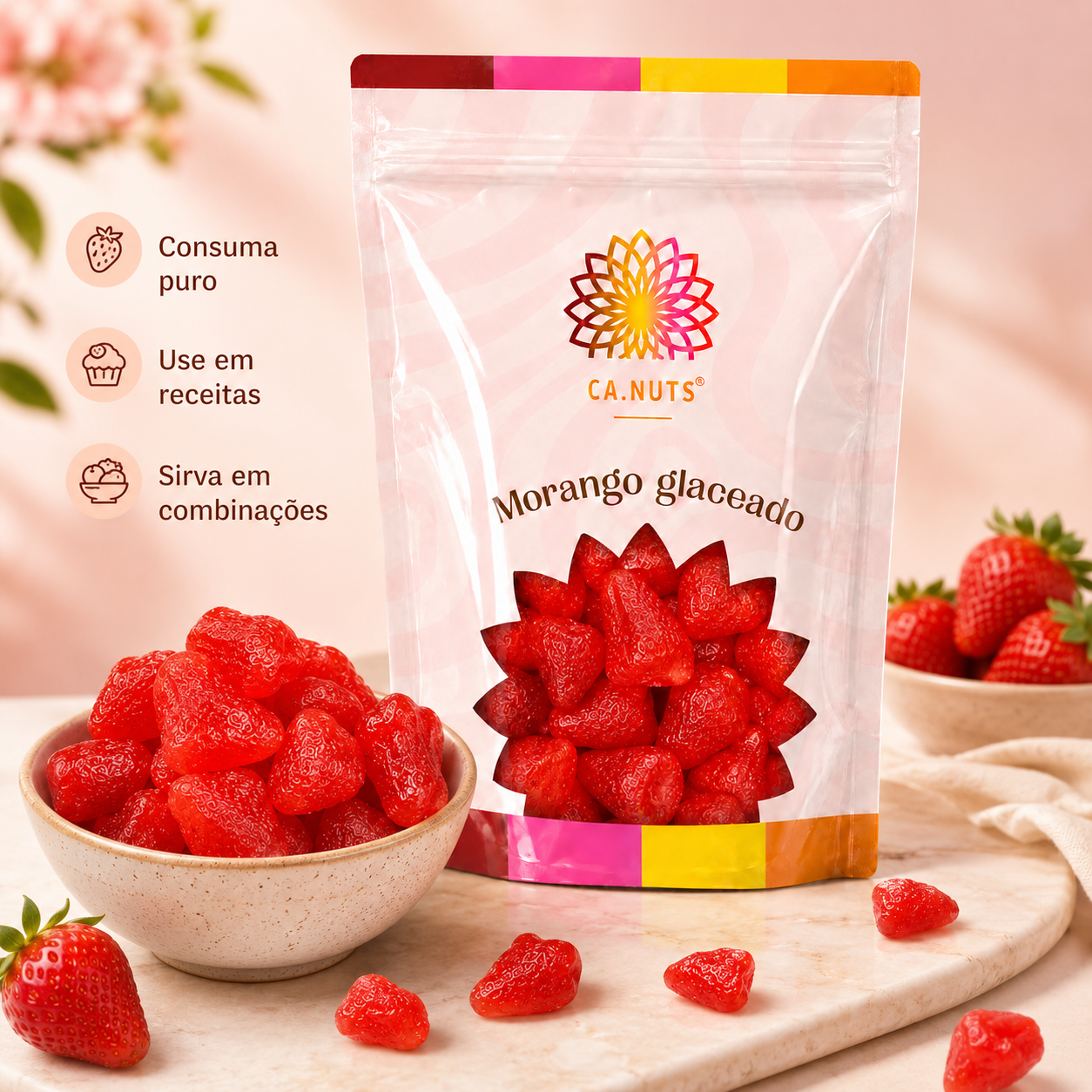 Morango Glaceado Desidratado Ca.Nuts | Frutas desidratadas Premium