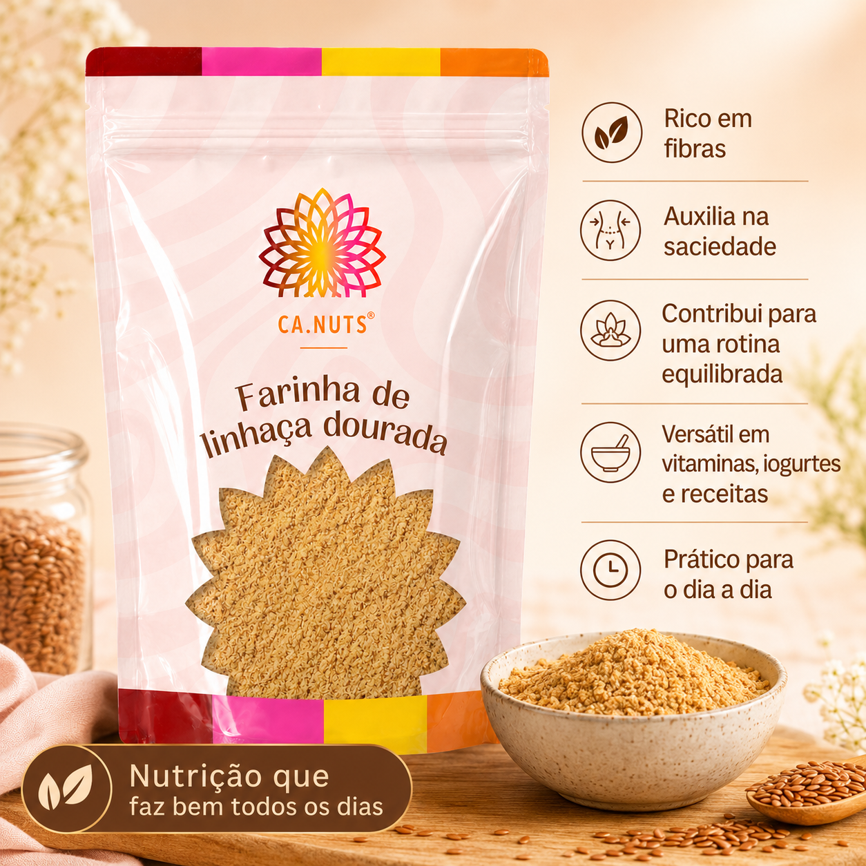 Farinha de Linhaça Dourada Crua Ca.Nuts Rico em Fibras