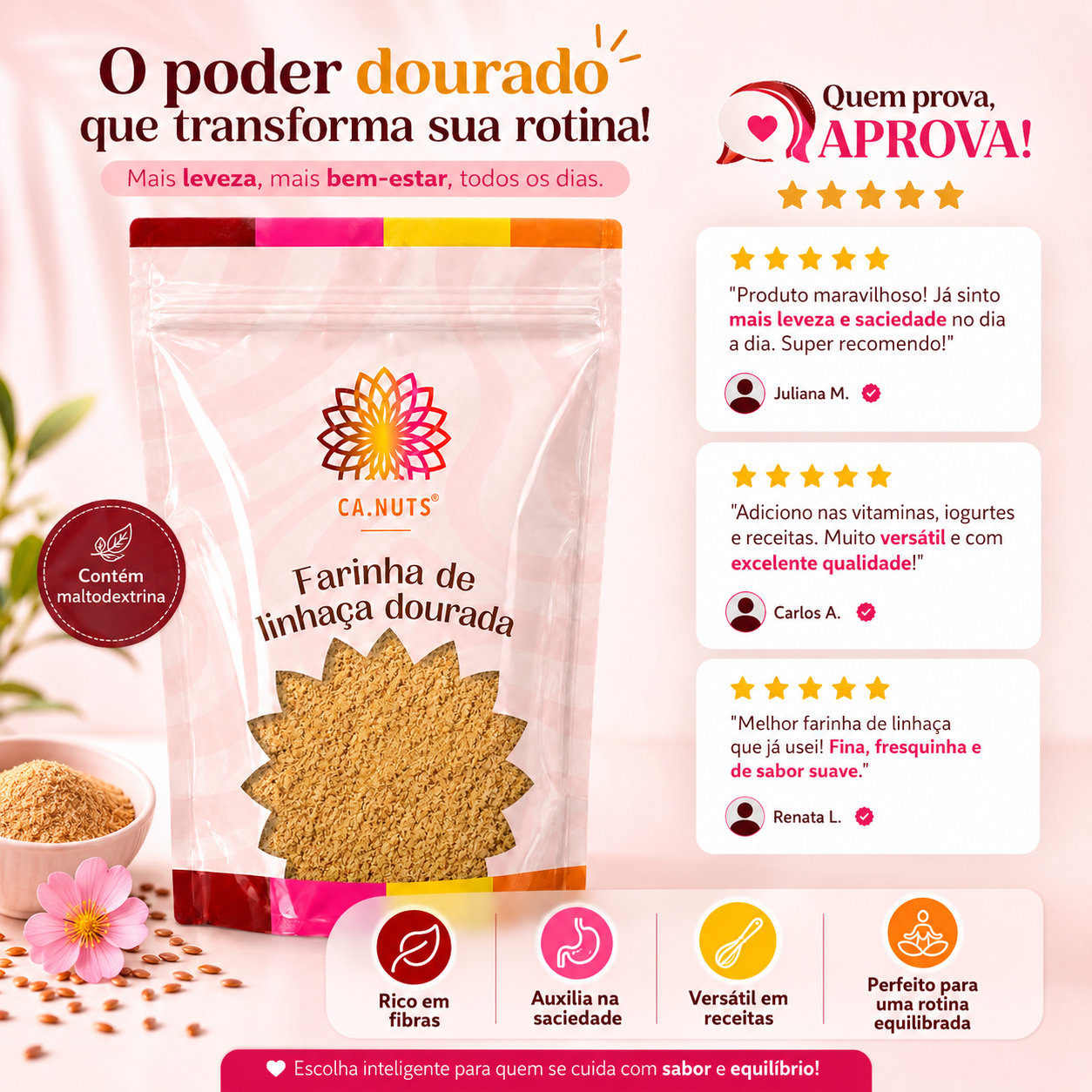 Farinha de Linhaça Dourada Crua Ca.Nuts Rico em Fibras