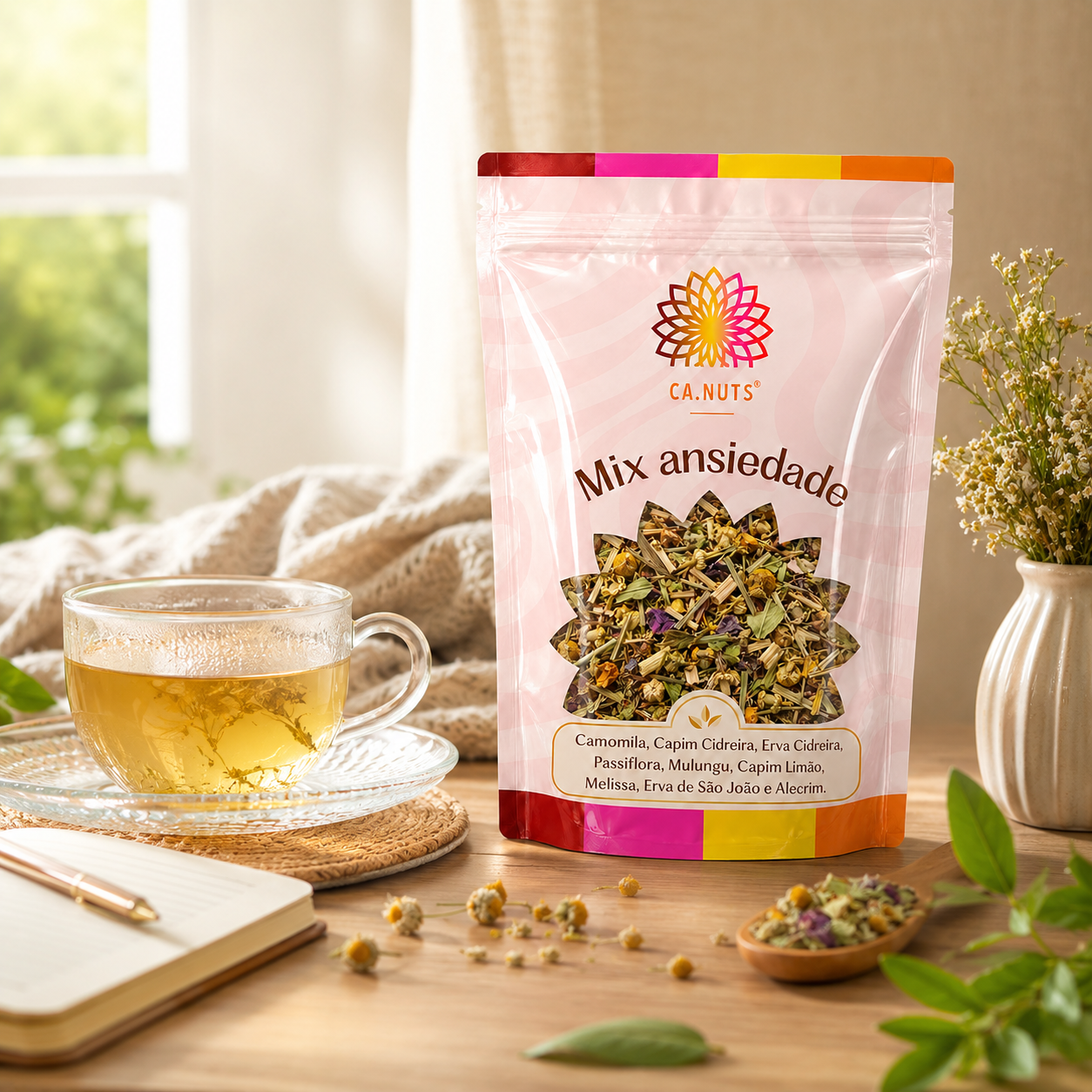 Mix Ansiedade Premium Ca.Nuts | Folhas - Camomila, Capim cidreira, Erva Cidreira, Passiflora, Mulungu, Capim limão, Melissa, Erva de São João e Alecim.
