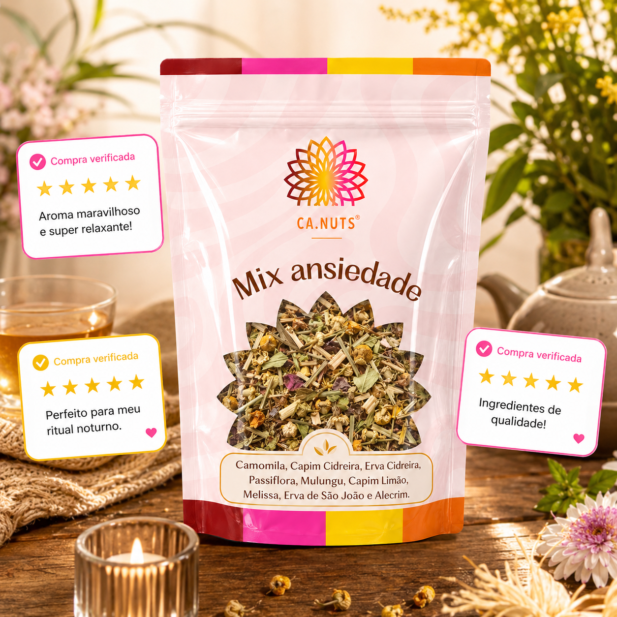 Mix Ansiedade Premium Ca.Nuts | Folhas - Camomila, Capim cidreira, Erva Cidreira, Passiflora, Mulungu, Capim limão, Melissa, Erva de São João e Alecim.