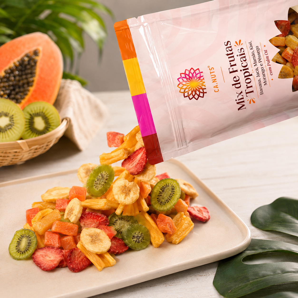 Mix de Frutas Tropicais Desidratadas (Banana, Jaca, Mamão, Kiwi, Morango, Pessego, Palm oil)