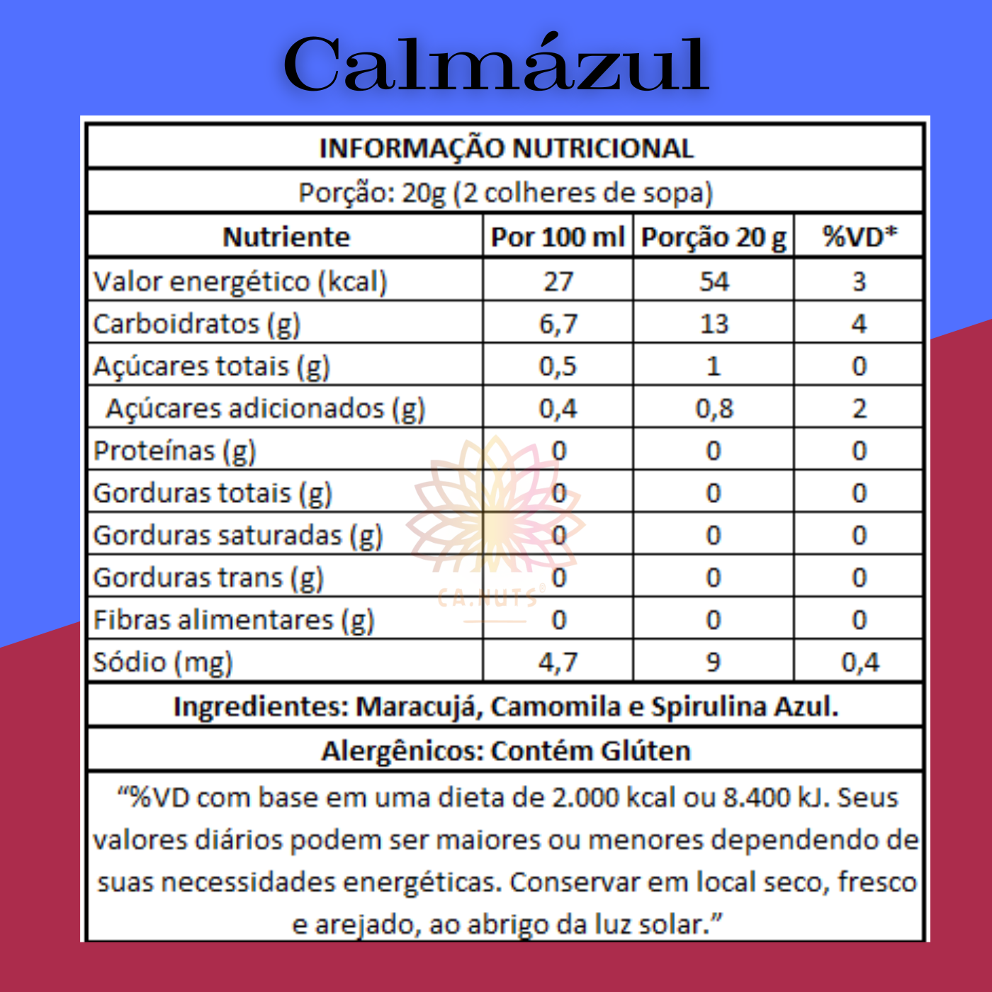 Chá Calmázul Ca.Nuts – Camomila, Maracujá e Spirulina Azul | Chá Natural para Dormir e Relaxar